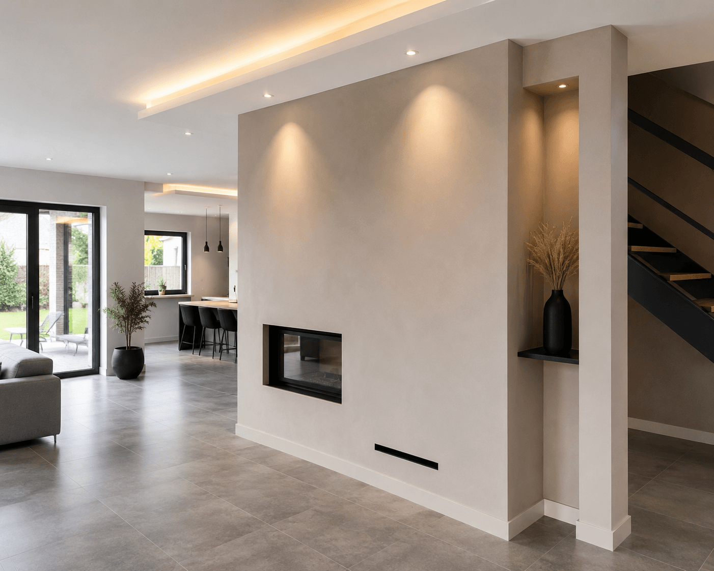 Mur décoratif avec cheminée intégrée, niches et éclairage indirect